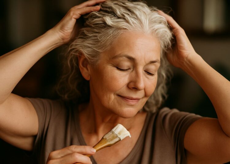 Mulher de cabelos brancos aplicando máscara caseira nos fios com pincel — tratamento para ressecamento do cabelo branco no outono