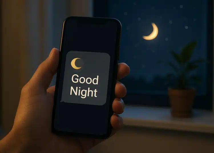 Mão segurando celular com mensagem 'Good Night' ao lado de uma janela à noite