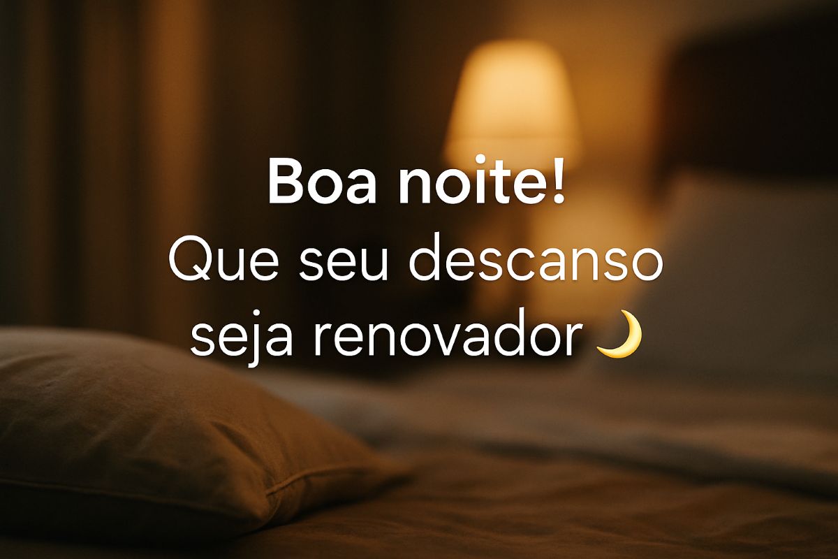 Cama aconchegante com mensagem de boa noite e desejo de descanso renovador