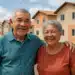 Casal de idosos abraçados sorrindo diante de conjunto habitacional recém-construído