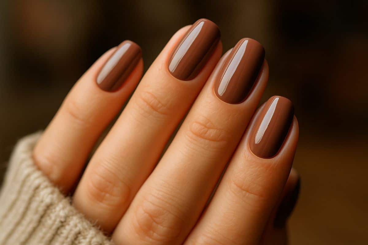 Unhas arredondadas esmaltadas em marrom terroso Mocha Mousse