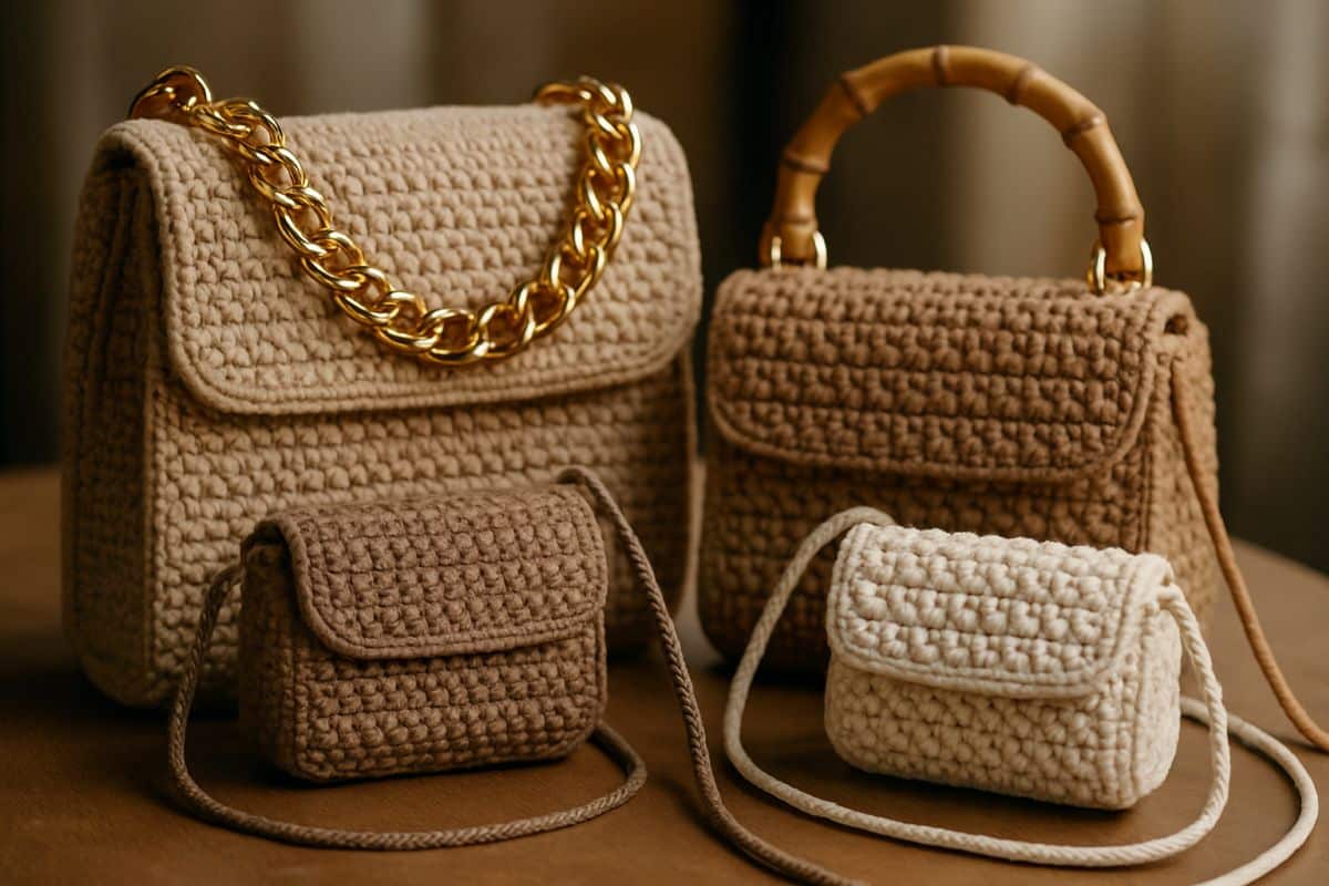 Quatro bolsas de crochê artesanal em tons neutros com corrente dourada e alça de bambu