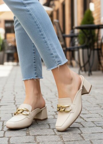 Mulher usando mule com salto e corrente dourada, calça jeans clara em calçada urbana