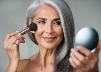 Plano médio de uma mulher madura de cabelos grisalhos e lisos, sorrindo e olhando para um pequeno espelho circular enquanto aplica blush nas bochechas com um pincel grande, em um fundo cinza neutro.