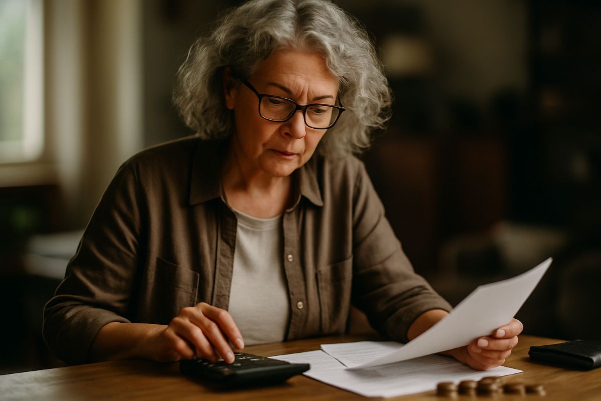 Mulher madura de óculos analisando documentos e usando calculadora em ambiente doméstico