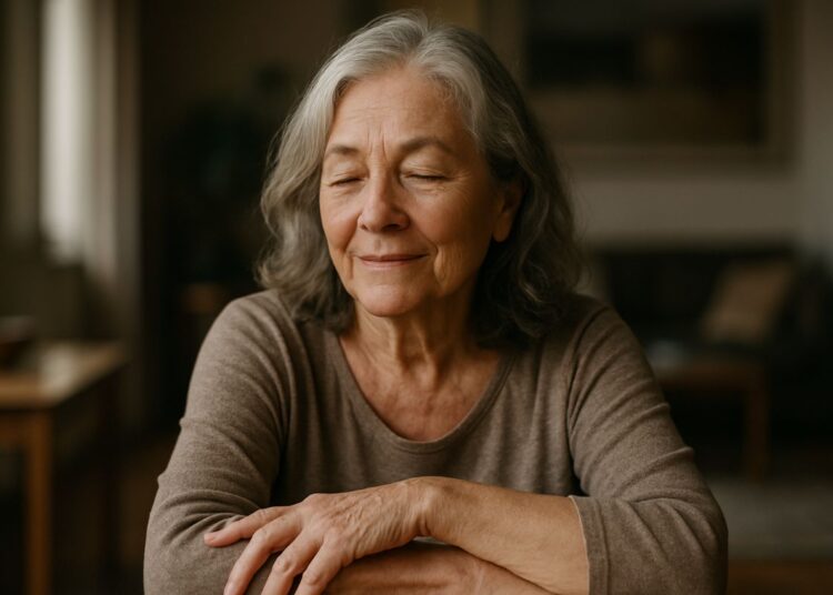 Mulher madura de cabelos grisalhos com olhos fechados e expressão serena sentada em ambiente doméstico