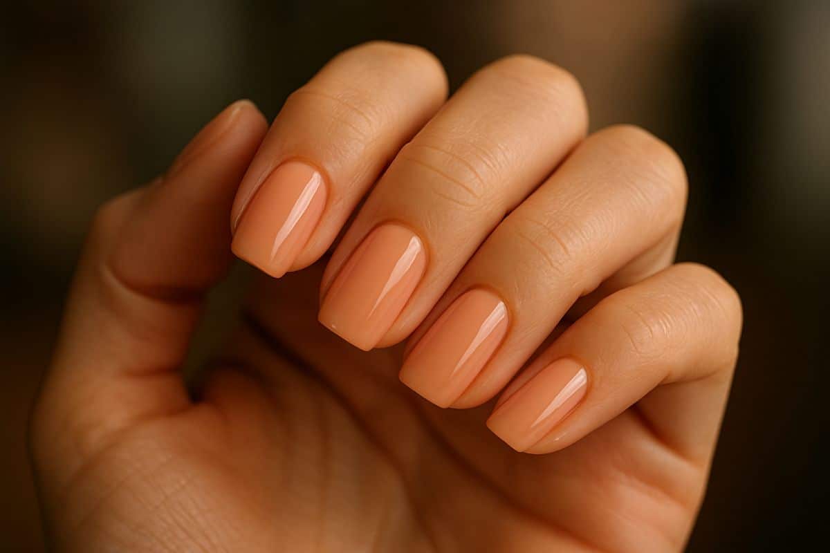 Unhas quadradas esmaltadas em tom pêssego neutro brilhante