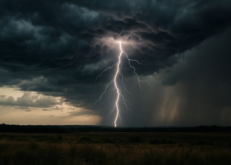 Raio caindo sobre campo aberto com nuvens escuras e chuva intensa ao fundo