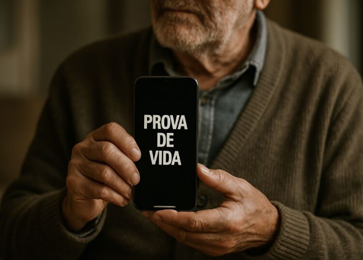 Idoso segurando celular com a mensagem Prova de Vida na tela