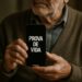 Idoso segurando celular com a mensagem Prova de Vida na tela