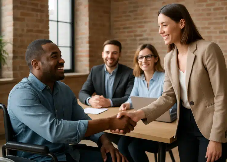Entrevista de emprego com cumprimento de mãos entre uma candidata e um entrevistador cadeirante