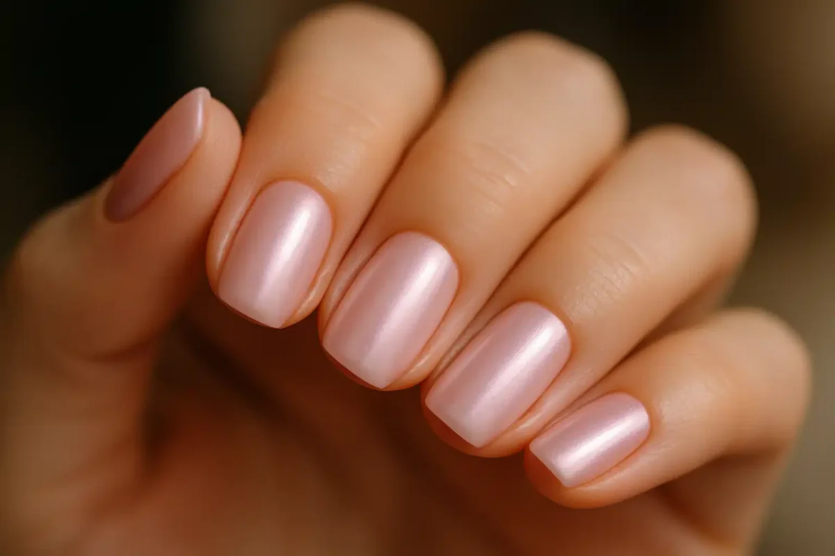 Unhas quadradas esmaltadas em rosa perolado acetinado tendência 2026
