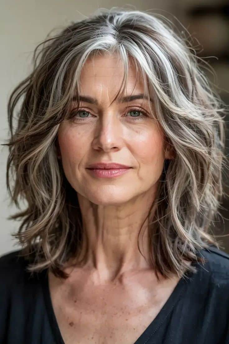 Close-up de uma mulher madura exibindo o corte shaggy em cabelos grisalhos com camadas irregulares e mechas prateadas em destaque.