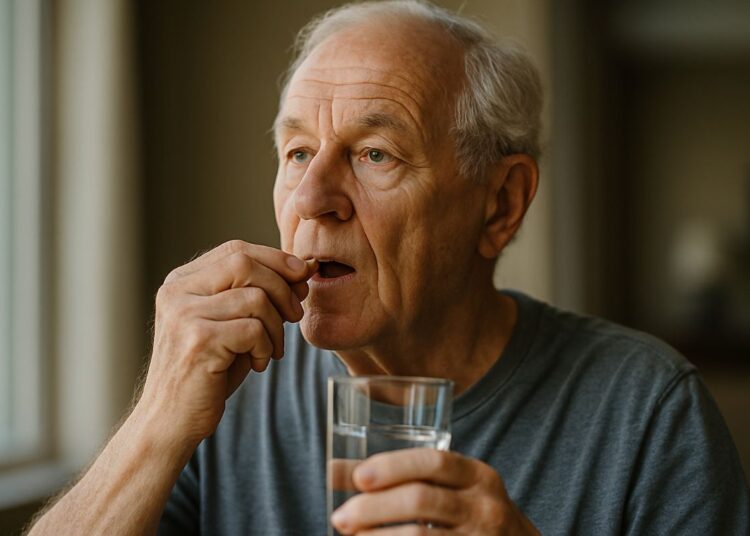 Homem idoso tomando medicamento com copo d'água