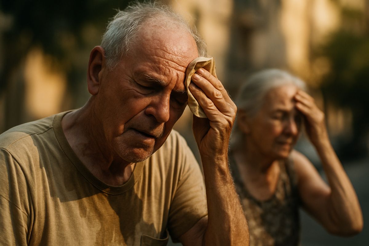 Casal de idosos enxugando suor na testa em ambiente externo sob calor extremo