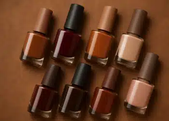 Vários vidros de esmalte em tons de marrom dispostos sobre superfície marrom