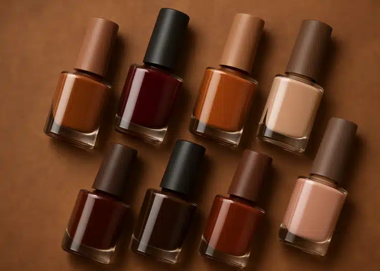 Vários vidros de esmalte em tons de marrom dispostos sobre superfície marrom