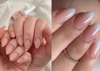 Duas fotos comparativas de unhas femininas com esmalte bio-nude em formato amendoado, exibindo um acabamento brilhante e natural com efeito degradê suave nas pontas.
