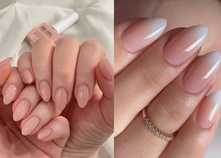Duas fotos comparativas de unhas femininas com esmalte bio-nude em formato amendoado, exibindo um acabamento brilhante e natural com efeito degradê suave nas pontas.
