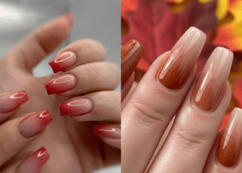 Duas mãos femininas exibindo unhas longas em formato bailarina com degradê (ombré) em tons de vermelho queimado e terracota, inspiradas nas cores das folhas de outono.
