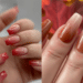 Duas mãos femininas exibindo unhas longas em formato bailarina com degradê (ombré) em tons de vermelho queimado e terracota, inspiradas nas cores das folhas de outono.