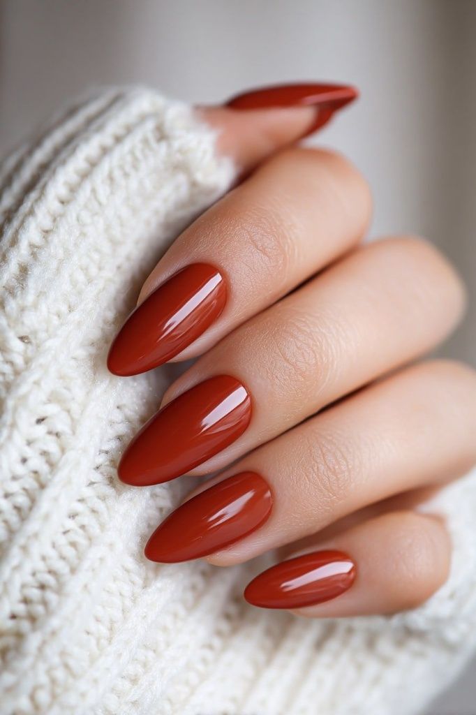 Mão feminina com unhas amendoadas pintadas em esmalte terracota brilhante, segurando a gola de um suéter de tricô branco felpudo em um ambiente aconchegante.