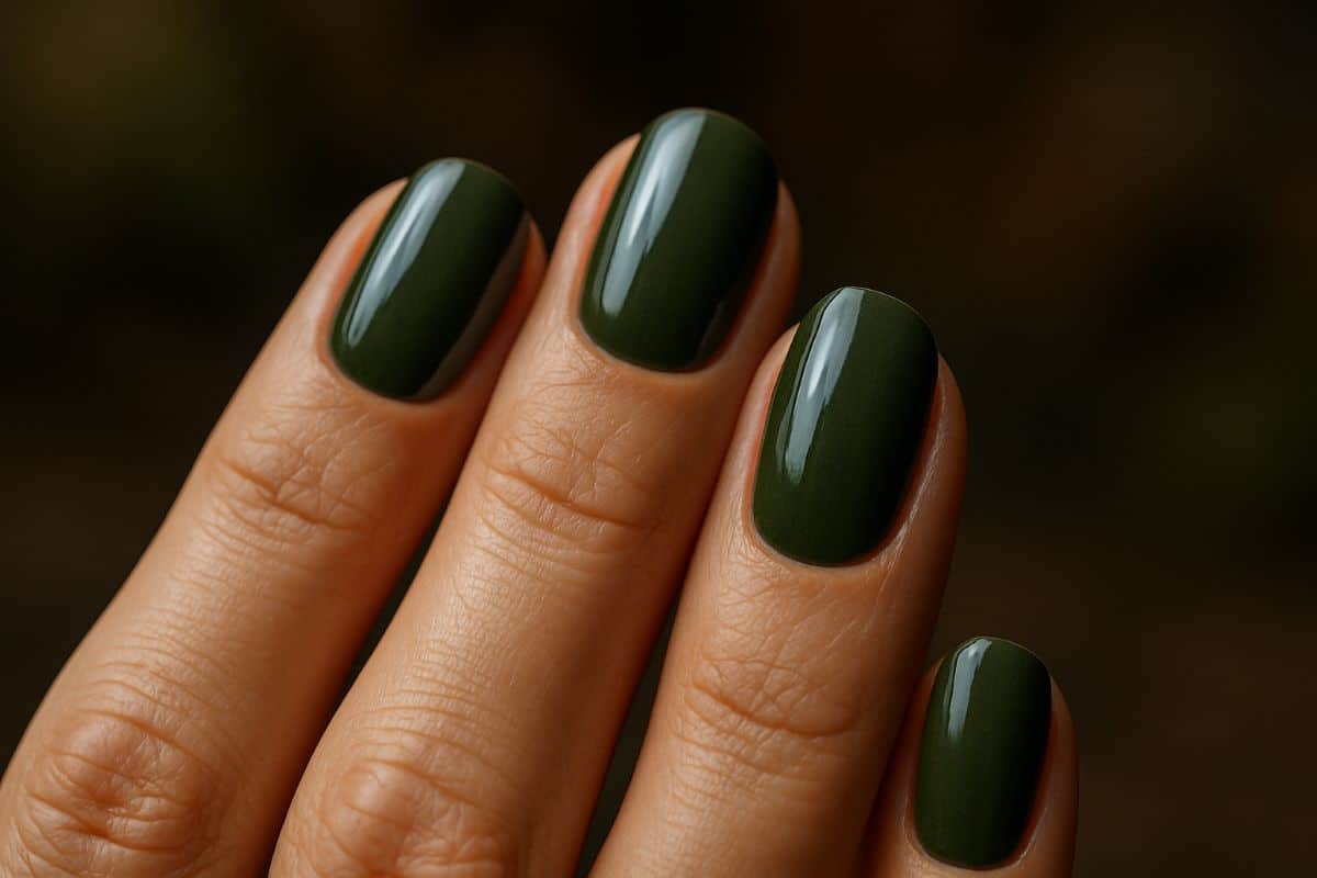 Unhas arredondadas esmaltadas em verde cipó escuro e terroso