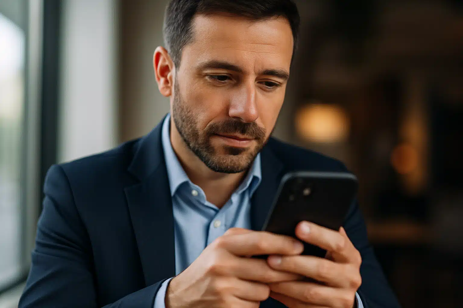 Homem de terno olhando para o celular