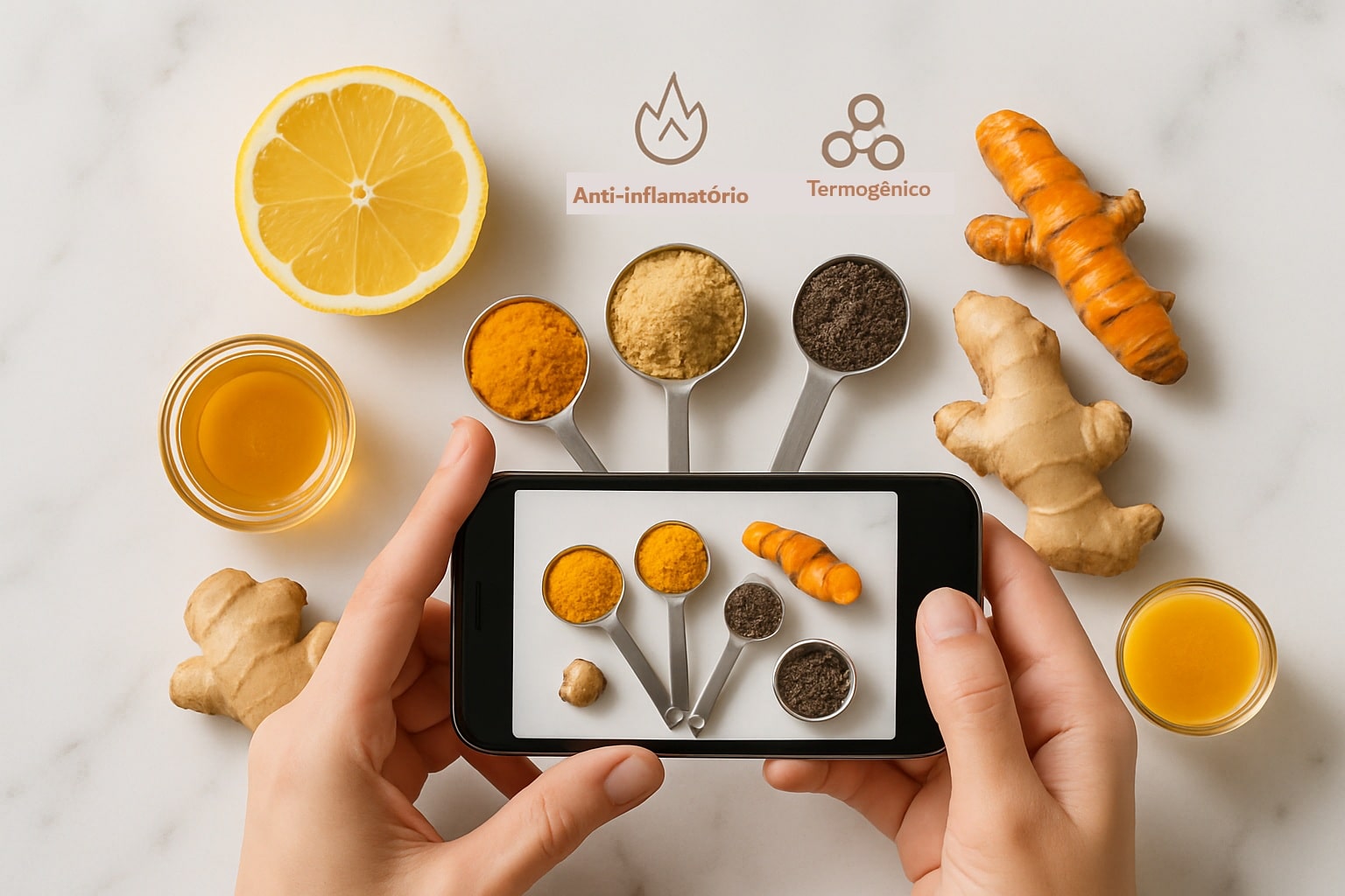 Ingredientes naturais como gengibre, cúrcuma, limão e mel dispostos em uma mesa, com uma mão fotografando-os com um celular.