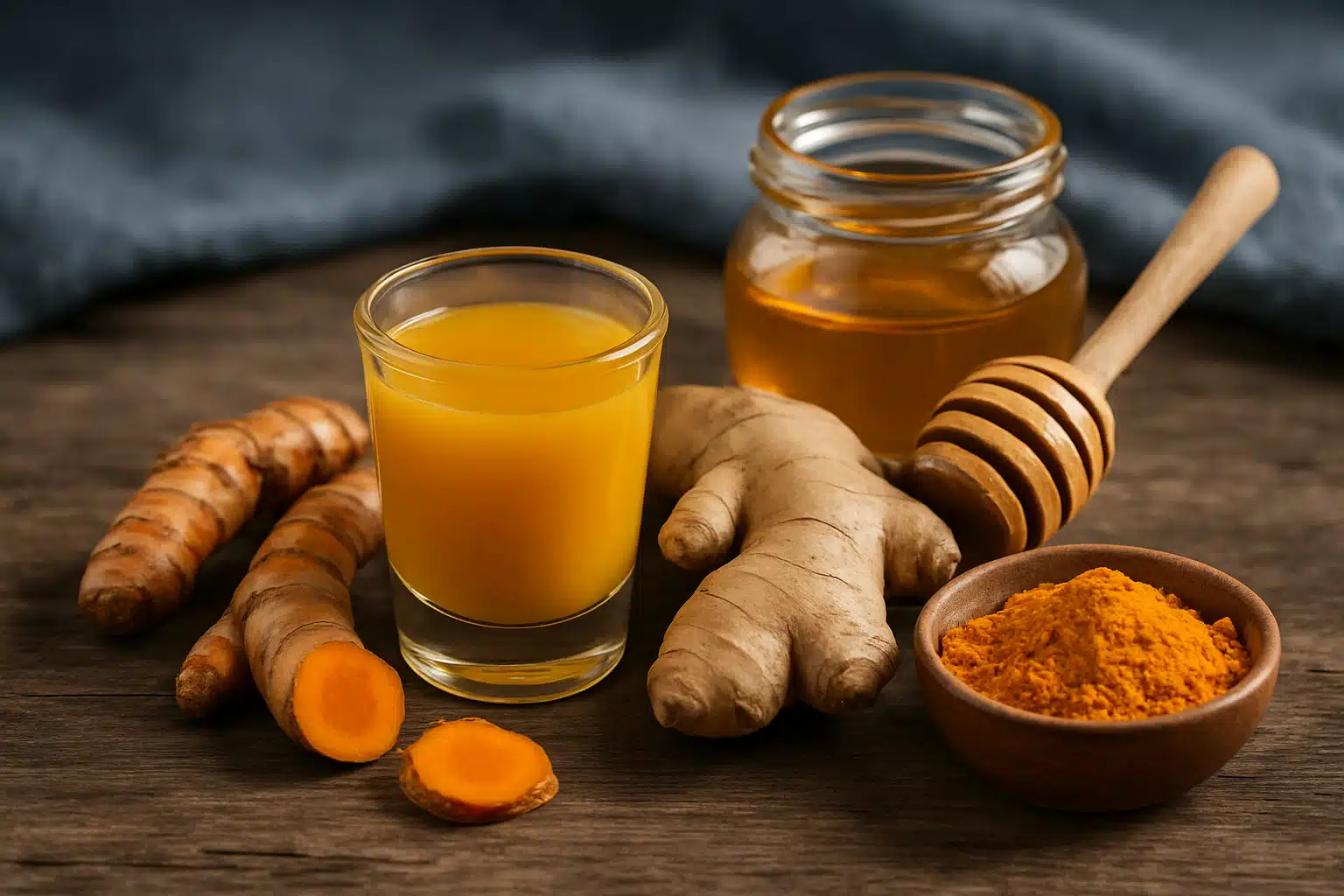Ingredientes naturais como gengibre, cúrcuma, mel e suco amarelo sobre mesa de madeira