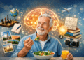 Idoso sorridente comendo salada com elementos que representam memória e atividades cognitivas
