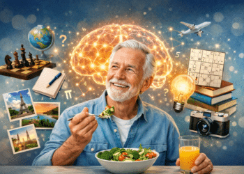 Idoso sorridente comendo salada com elementos que representam memória e atividades cognitivas