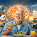 Idoso sorridente comendo salada com elementos que representam memória e atividades cognitivas