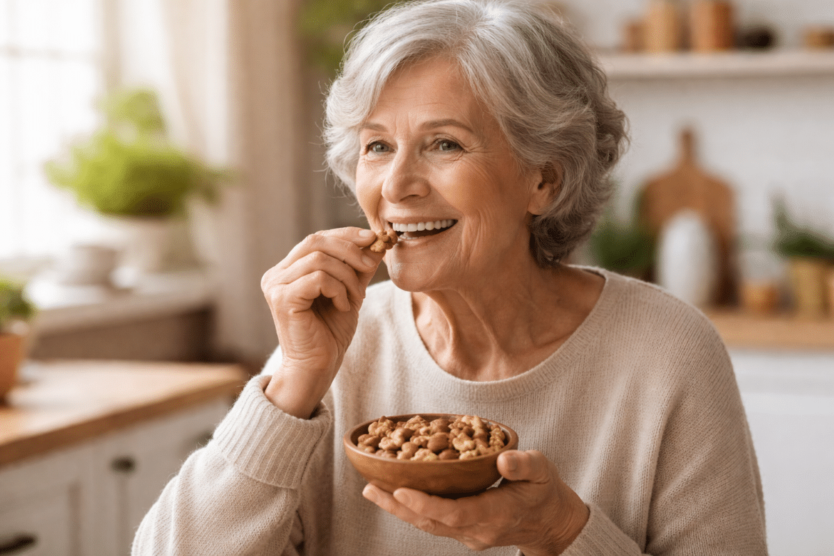 Idosa comendo nozes, alimento associado à saúde do cérebro e memória