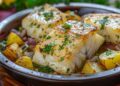 Postas altas e douradas de bacalhau assado, servidas em uma caçarola de barro rústica. As postas são cobertas com salsinha verde picada e cebola roxa salteada. Ao redor do peixe, há cubos de batatas assadas com casca. O fundo mostra limões amarelos inteiros e raminhos de salsa fresca, sobre uma mesa de madeira.