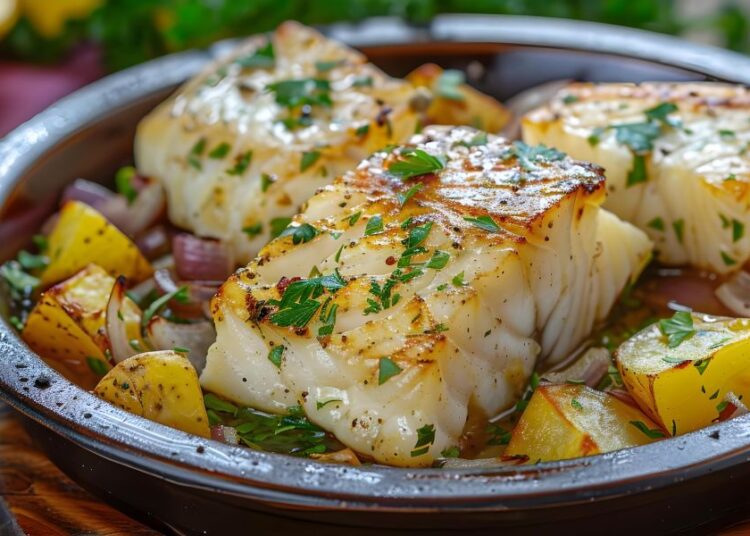 Postas altas e douradas de bacalhau assado, servidas em uma caçarola de barro rústica. As postas são cobertas com salsinha verde picada e cebola roxa salteada. Ao redor do peixe, há cubos de batatas assadas com casca. O fundo mostra limões amarelos inteiros e raminhos de salsa fresca, sobre uma mesa de madeira.