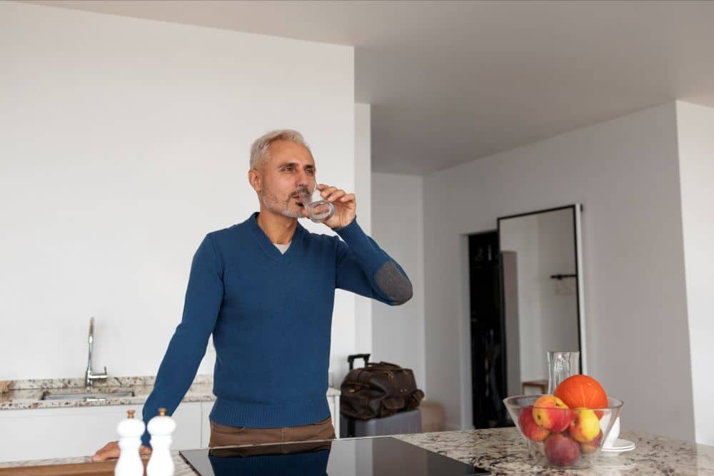 Homem maduro com cabelos grisalhos bebendo água em uma cozinha moderna, representando os benefícios da hidratação matinal para a ativação do metabolismo e fortalecimento da imunidade.