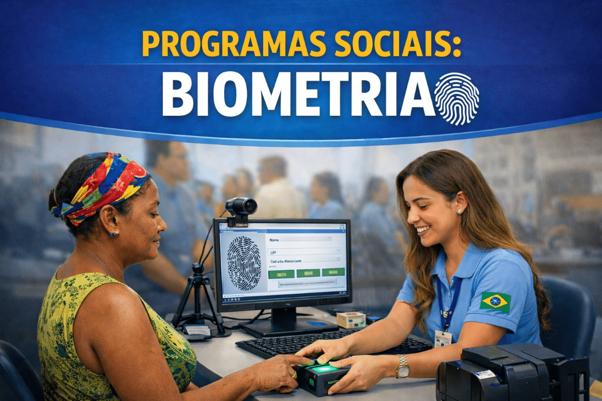 Atendente auxiliando beneficiária no cadastro biométrico com computador e leitor