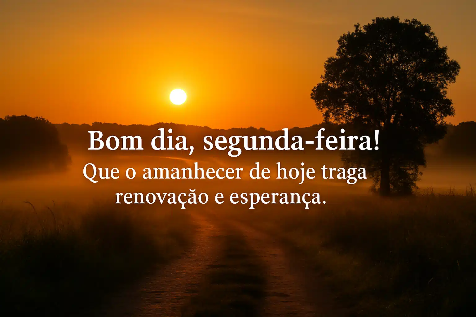Pôr do sol alaranjado sobre campo com árvore em silhueta e frase "Bom dia, segunda-feira! Que o amanhecer traga renovação".