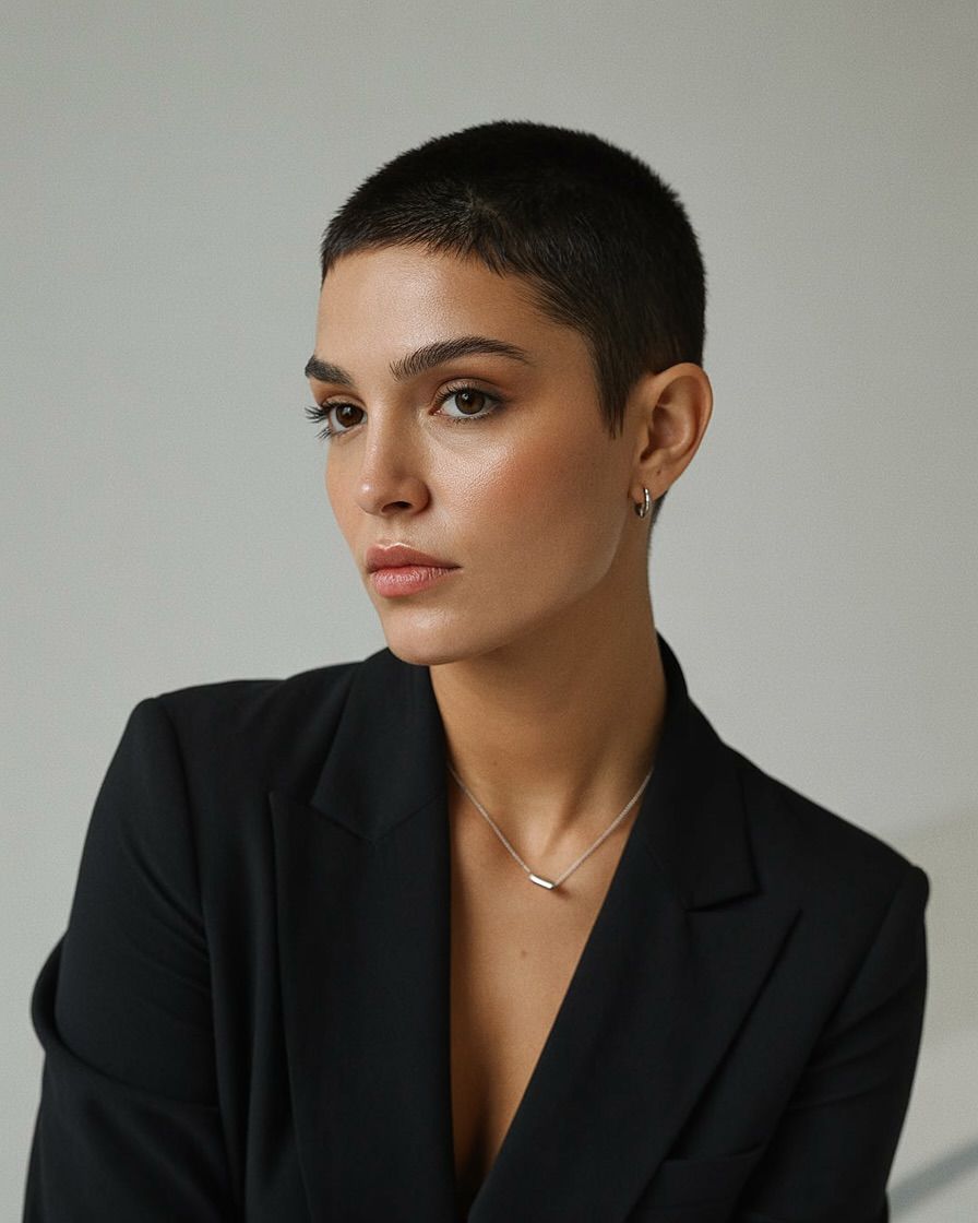 Retrato de uma mulher de perfil, com corte de cabelo buzz cut (curtíssimo), vestindo um blazer preto e usando um colar de prata simples contra um fundo cinza neutro.