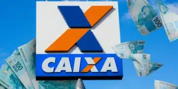 Fachada da Caixa Econômica Federal com cédulas de dinheiro representando pagamento do PIS Pasep