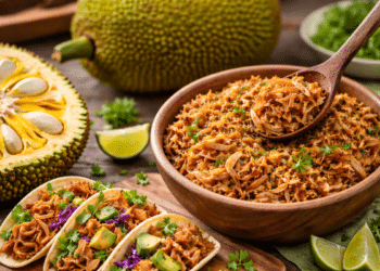 Prato preparado com jaca desfiada servido em tigela e tacos