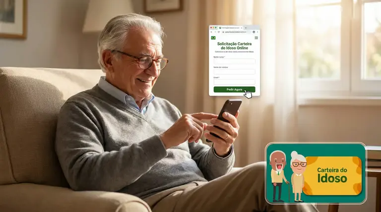 Idoso acessando a página de solicitação online para obter a Carteira do Idoso no celular.