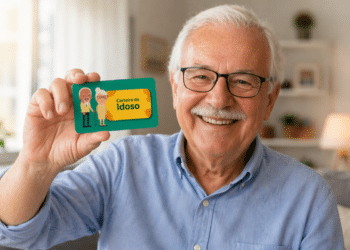 Idoso sorrindo segurando a Carteira do Idoso, documento usado para garantir viagens gratuitas