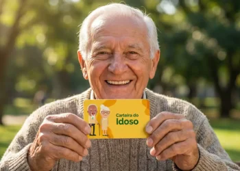 Idoso sorrindo e exibindo a Carteira do Idoso, um documento que garante o direito a transporte gratuito ou com descontos.