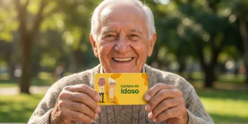 Idoso sorrindo e exibindo a Carteira do Idoso, um documento que garante o direito a transporte gratuito ou com descontos.