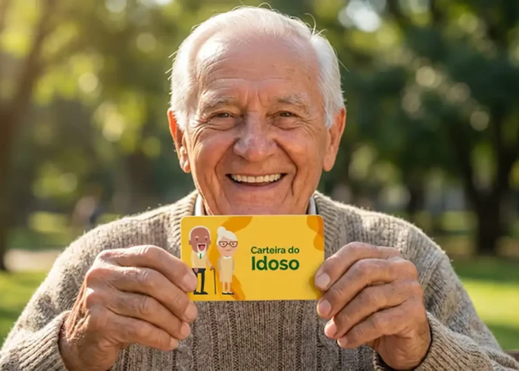 Idoso sorrindo e exibindo a Carteira do Idoso, um documento que garante o direito a transporte gratuito ou com descontos.