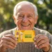 Idoso sorrindo e exibindo a Carteira do Idoso, um documento que garante o direito a transporte gratuito ou com descontos.