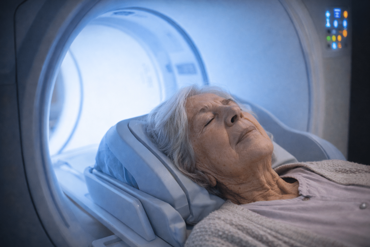 Idosa realizando exame em aparelho hospitalar