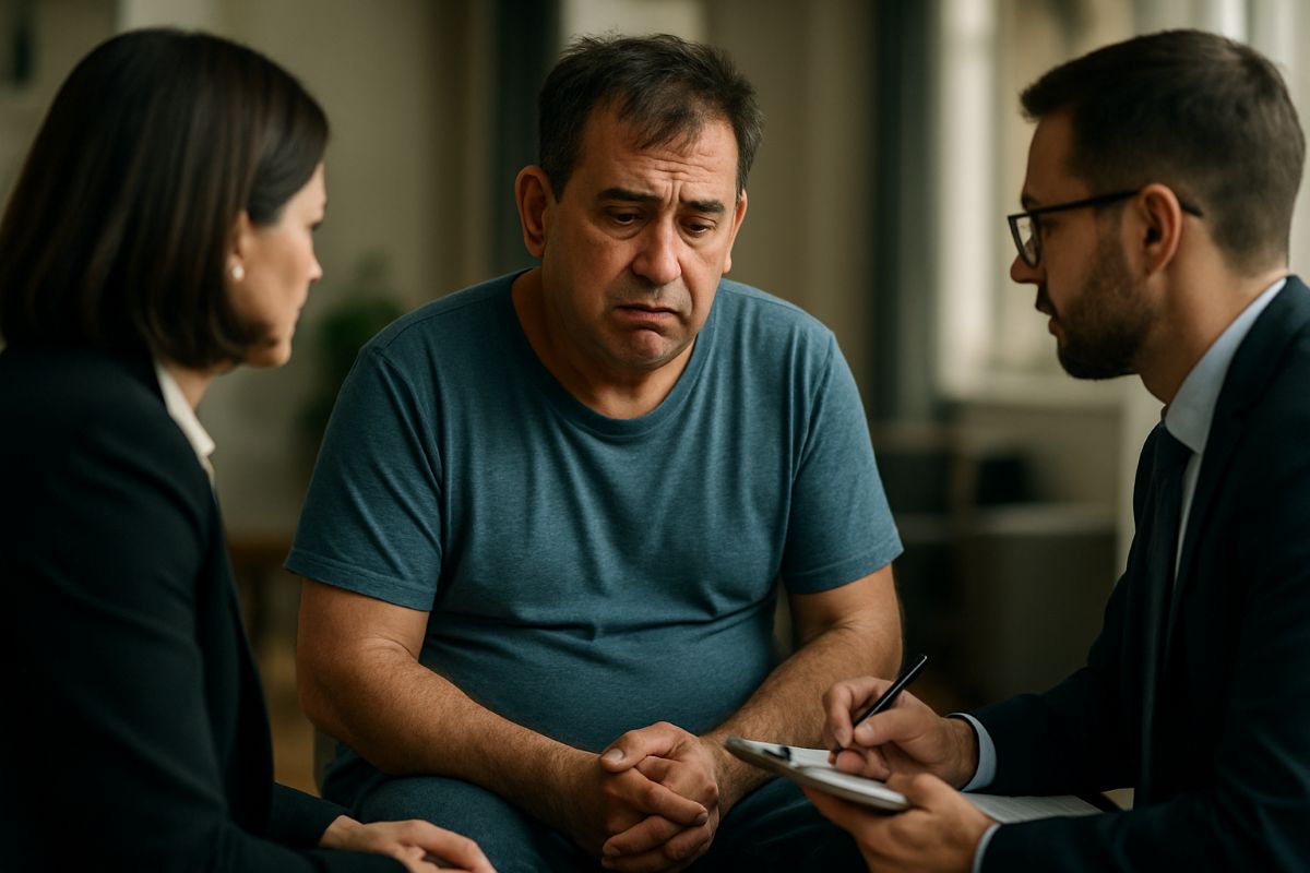 Homem de meia-idade com expressão preocupada sendo atendido por dois profissionais durante avaliação do INSS